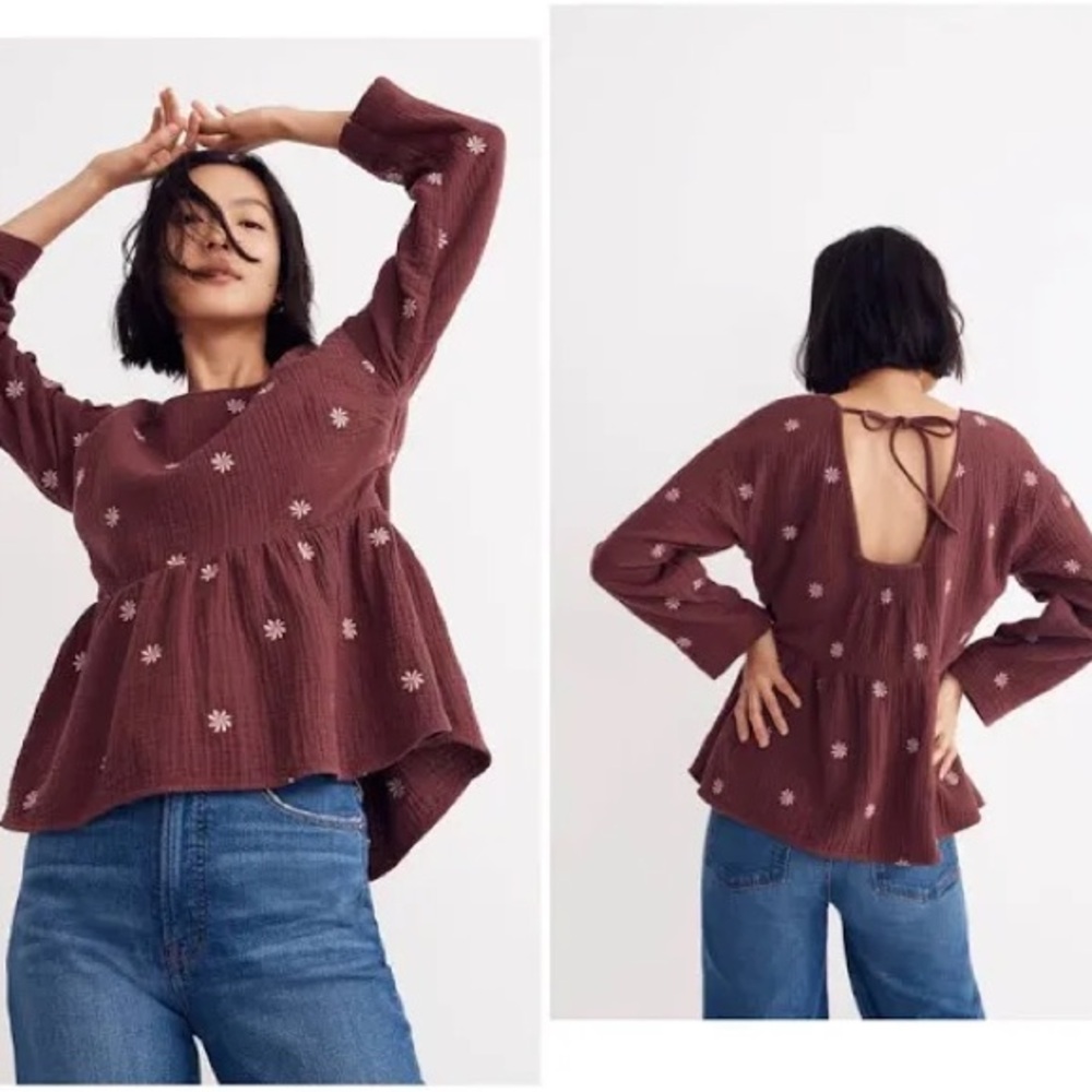 NWOT MADEWELL Embroidered Peplum Open Back Mulberry Top Flower Daisy
